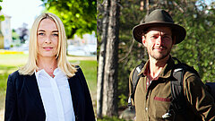 Portraitfotos der beiden Klimawildnisbotschafter*innen Ina-Marlene Schnetzer und Andreas Bayer