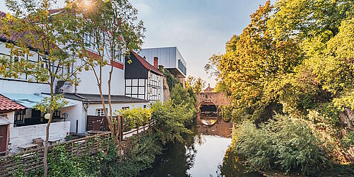 Wohnhäuser an einem städtischen Fluss mit begrüntem Ufer