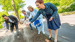 Mehrere Personen stehen an einem Straßenrand/Randstreifen und sähen Samen in die Erde. 