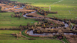 Luftaufnahme einer gewundenen Flusslandschaft mit grünen Wiesen und vereinzelten Bäumen