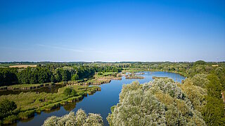 Flusslandschaft mit Wasserarmen und dichtem Uferbewuchs unter blauem Himmel