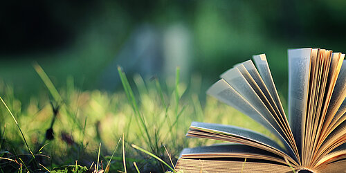 Aufgeschlagenes Buch im Gras