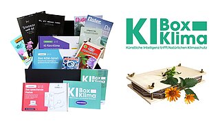 Grafik mit einer Box mit Magazinen und dem Schriftzug "KI-Box Klima"