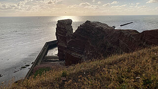 Felsklippe mit steiler, schichtiger Struktur an einer grasbewachsenen Küste ragt ins Meer