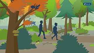 Grafik mit Wald und Spaziergängern