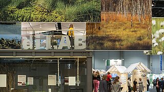 Messestand mit großen, hängenden Postern mit Naturmotiven